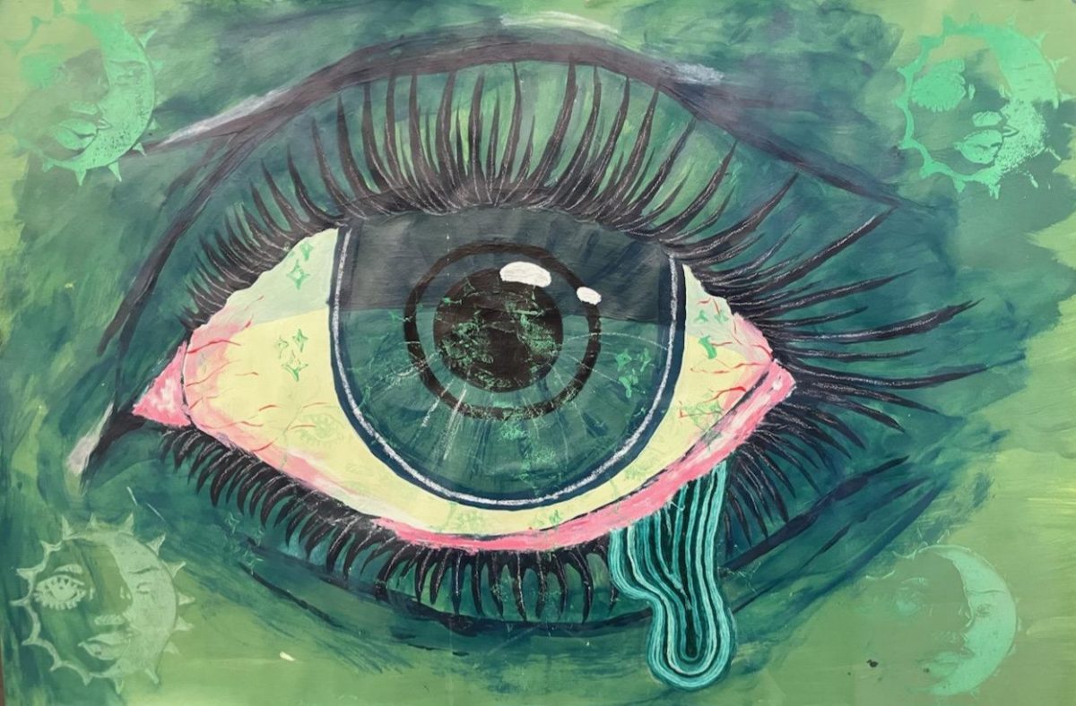 A painting of a zoomed in eyeball with eyelashes and a tear coming down. The painting is green, white and pink.
