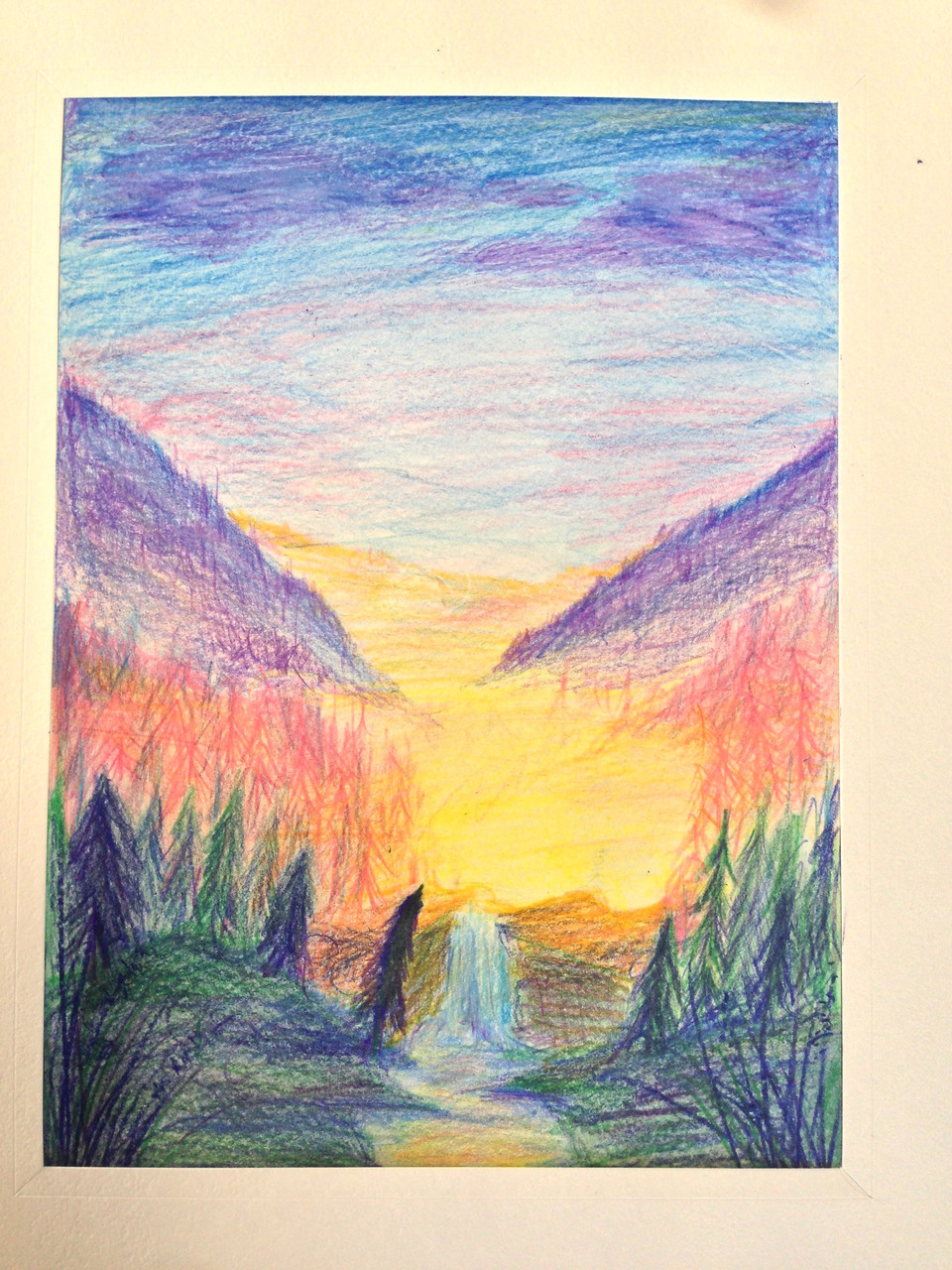 A colored pencil drawing of a sunset in a valley.