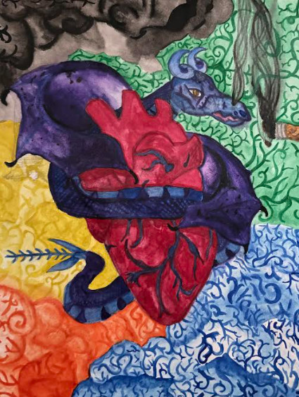 A watercolor painting of a dragon embracing a heart organ. There is a cigarette close to the dragon as it embraces the heart.
