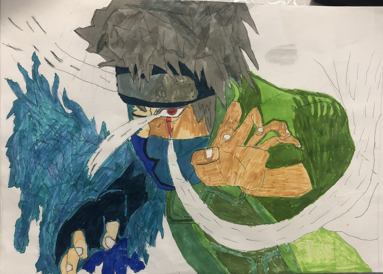 Drawing of an anime character wearing green. Something white is projecting from his eyes.