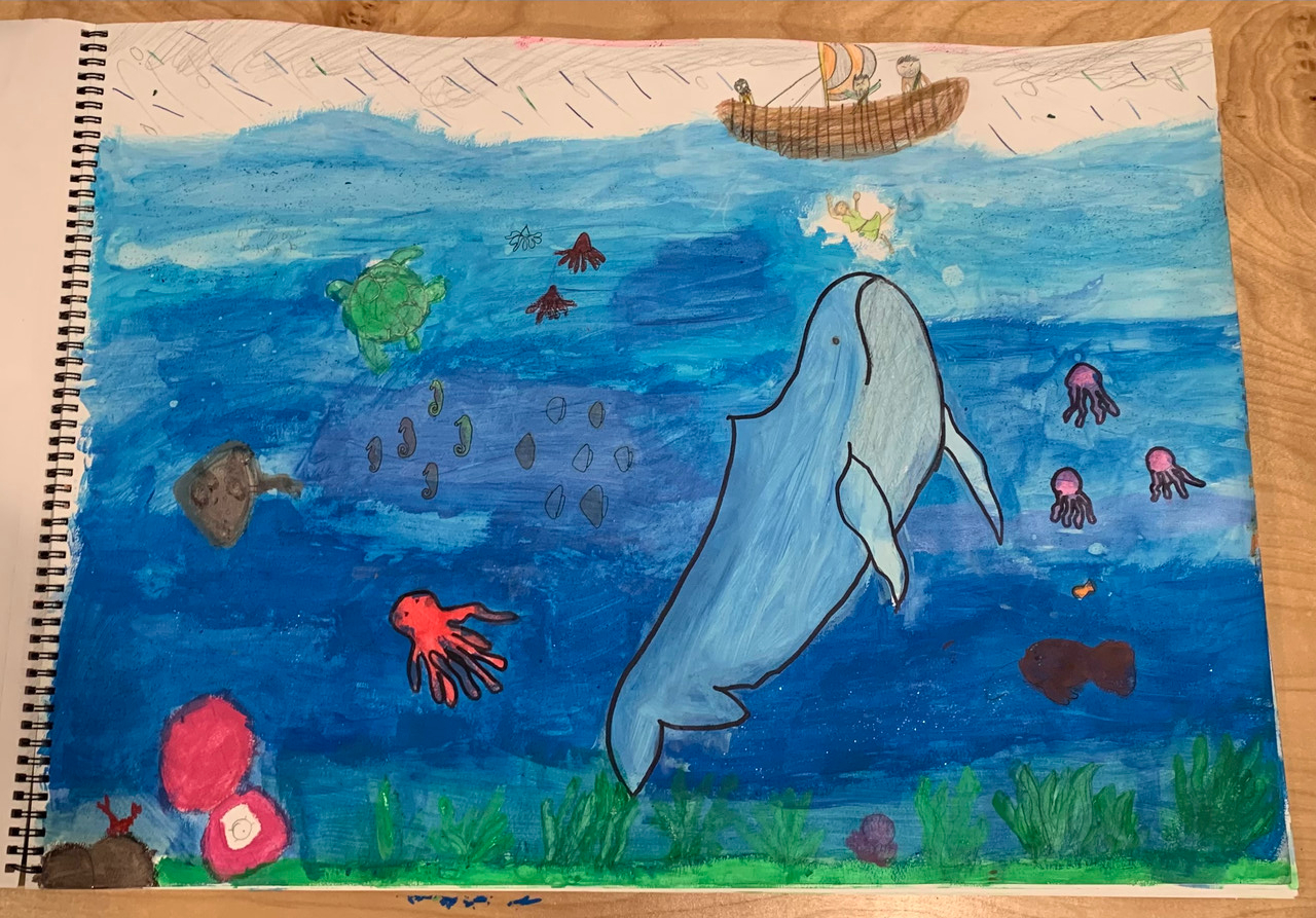Painting of an underwater scene with many sea creatures. A whale comes toward the surface where a ship floats.