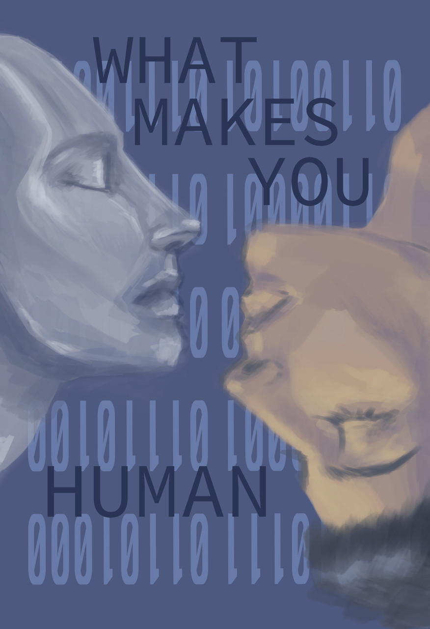 A digital painting of two peoples faces towards one another. The background has numbers and words that say what makes you human.