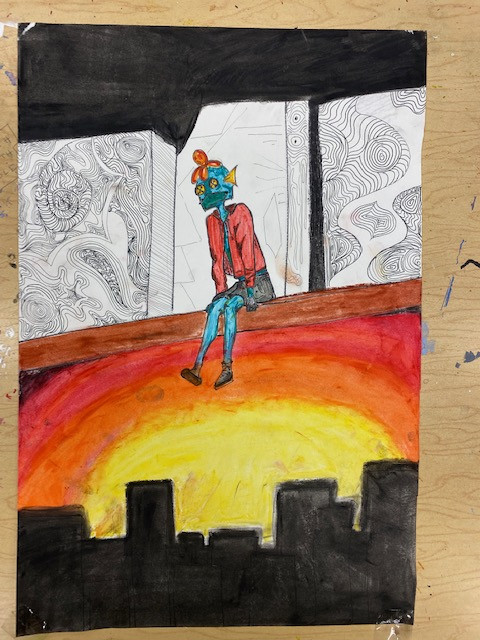 A drawing of a character sitting over a city.