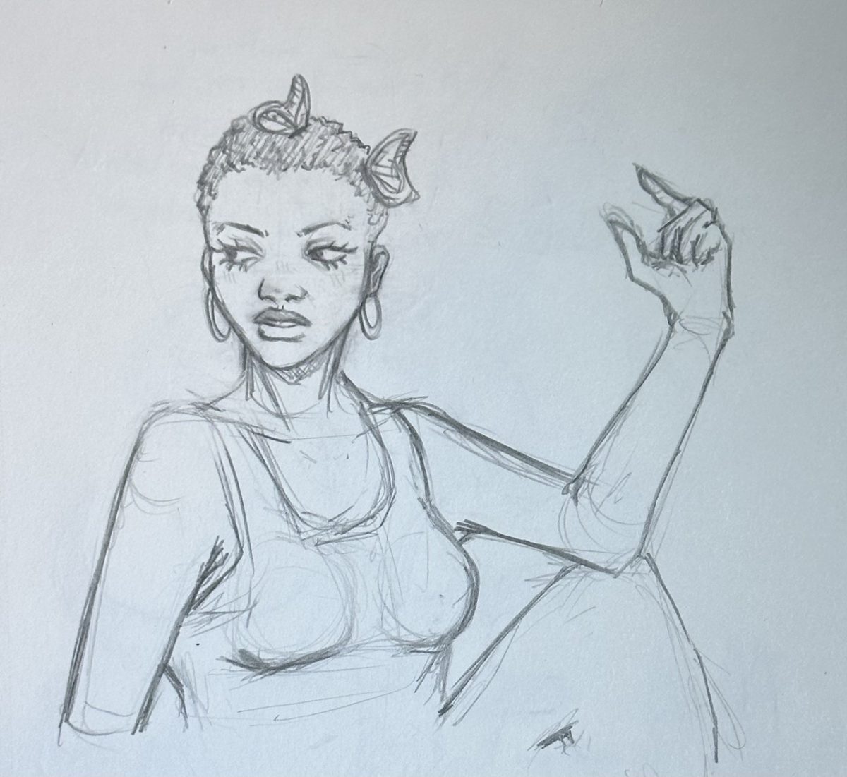 A woman in a tank top is drawn looking over her shoulder. She wears hoop earrings and has butterflies in her hair.