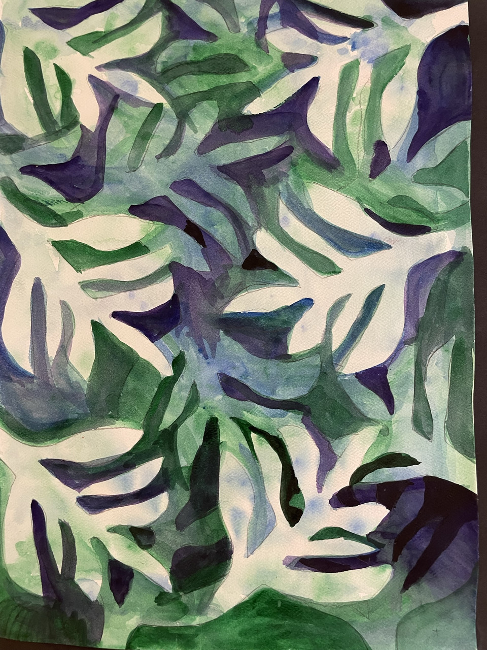 A green, blue and purple watercolor painting of tropical leaves.