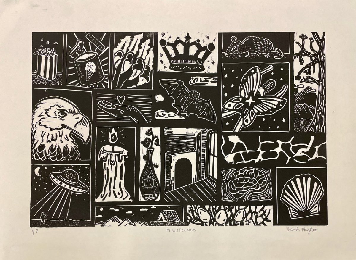 A black and white print of miscellaneous imagery: an eagle, candle, bird, crown, sea shell, butterfly.