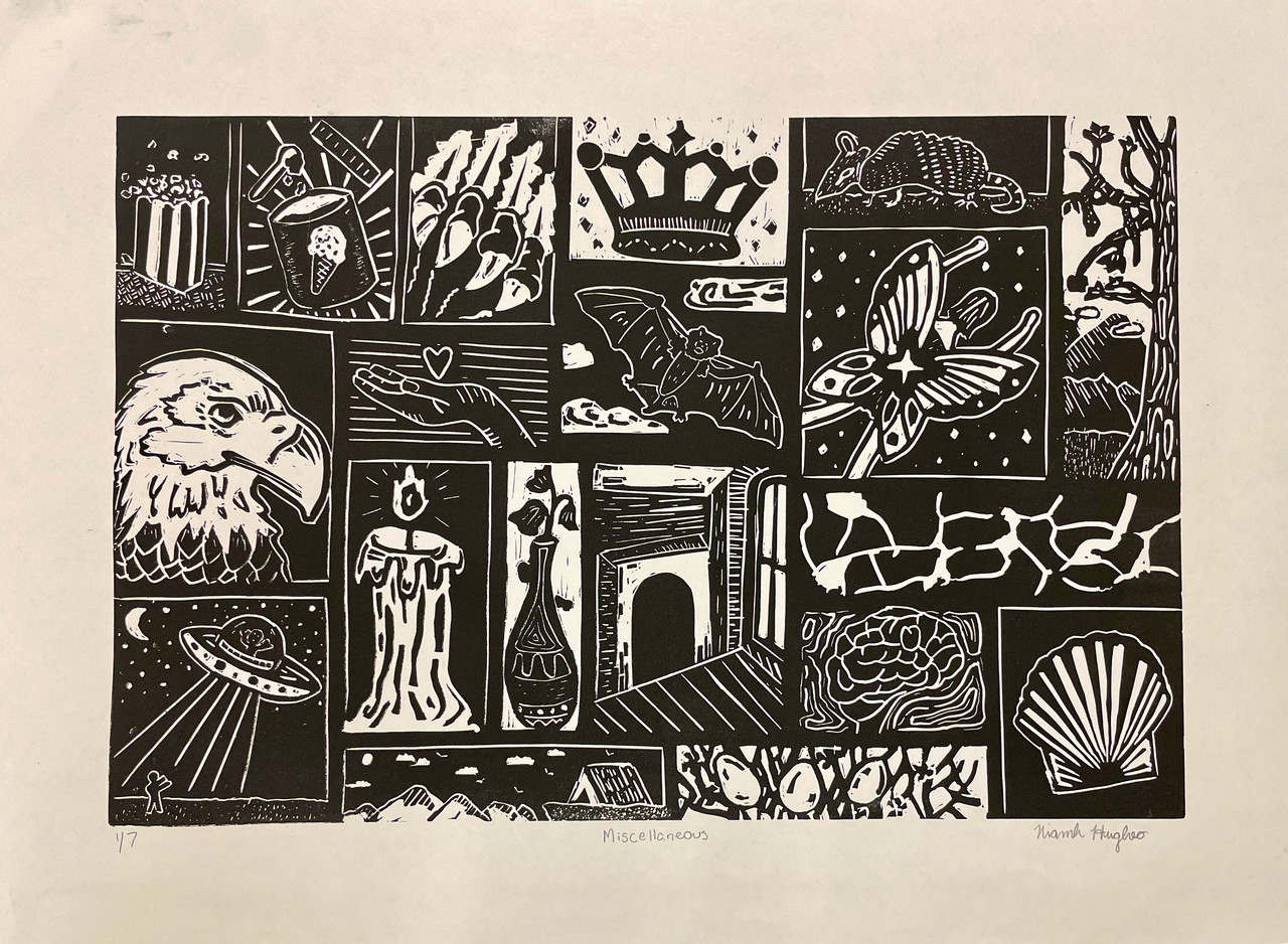 A black and white print of miscellaneous imagery: an eagle, candle, bird, crown, sea shell, butterfly.