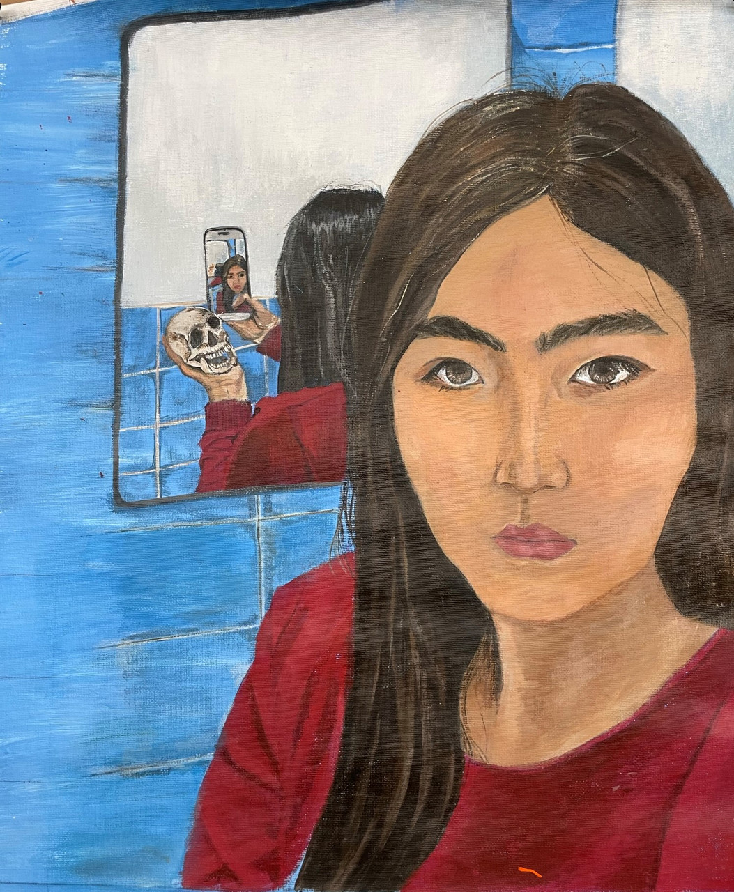 A painting of a girl wearing red. Behind her is a blue wall and mirror. The reflection in the mirror shows her holding a phone in one hand and a skull in another.