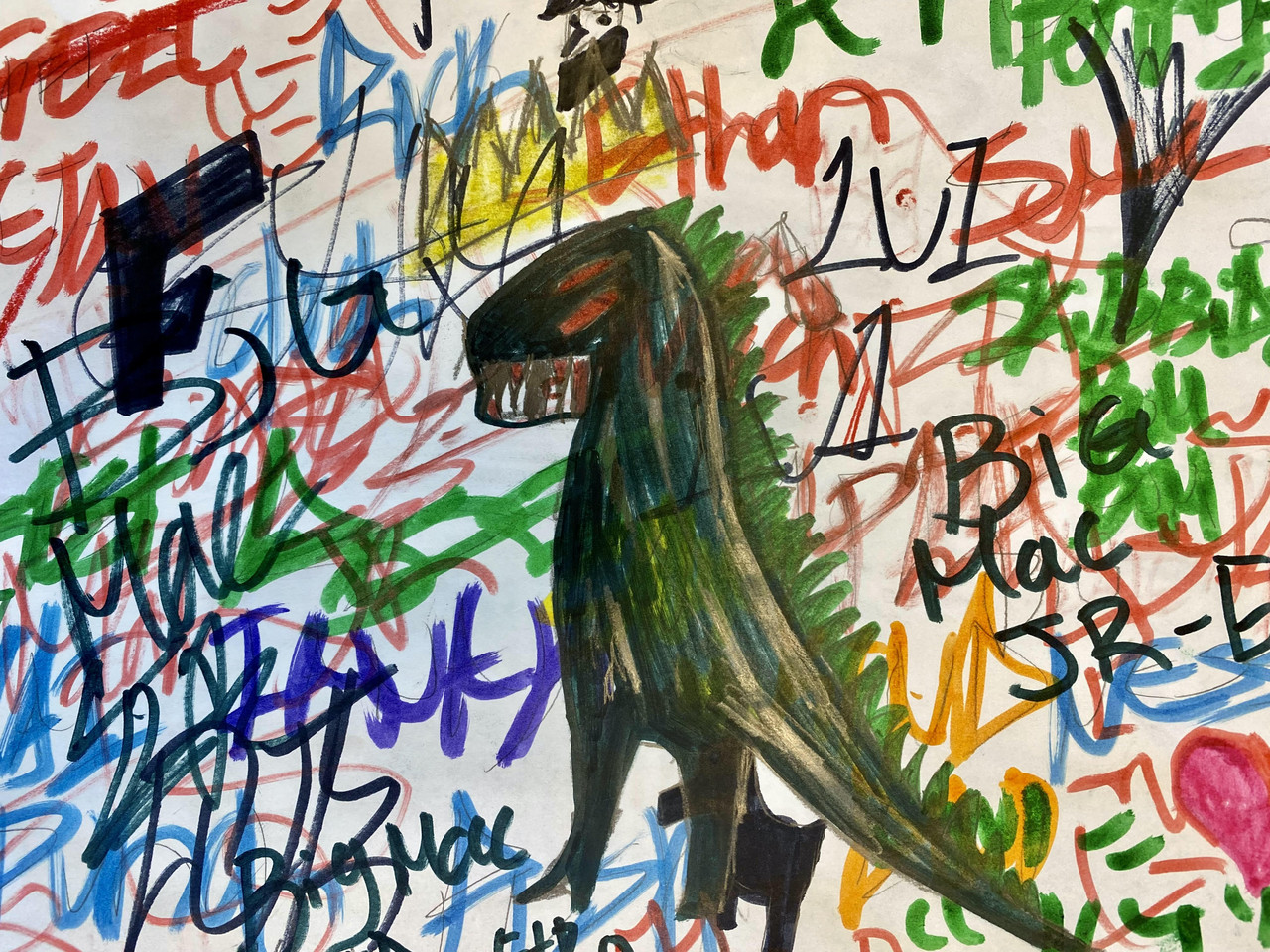 Marker drawing of T-Rex with lots of scribbled colors around it.