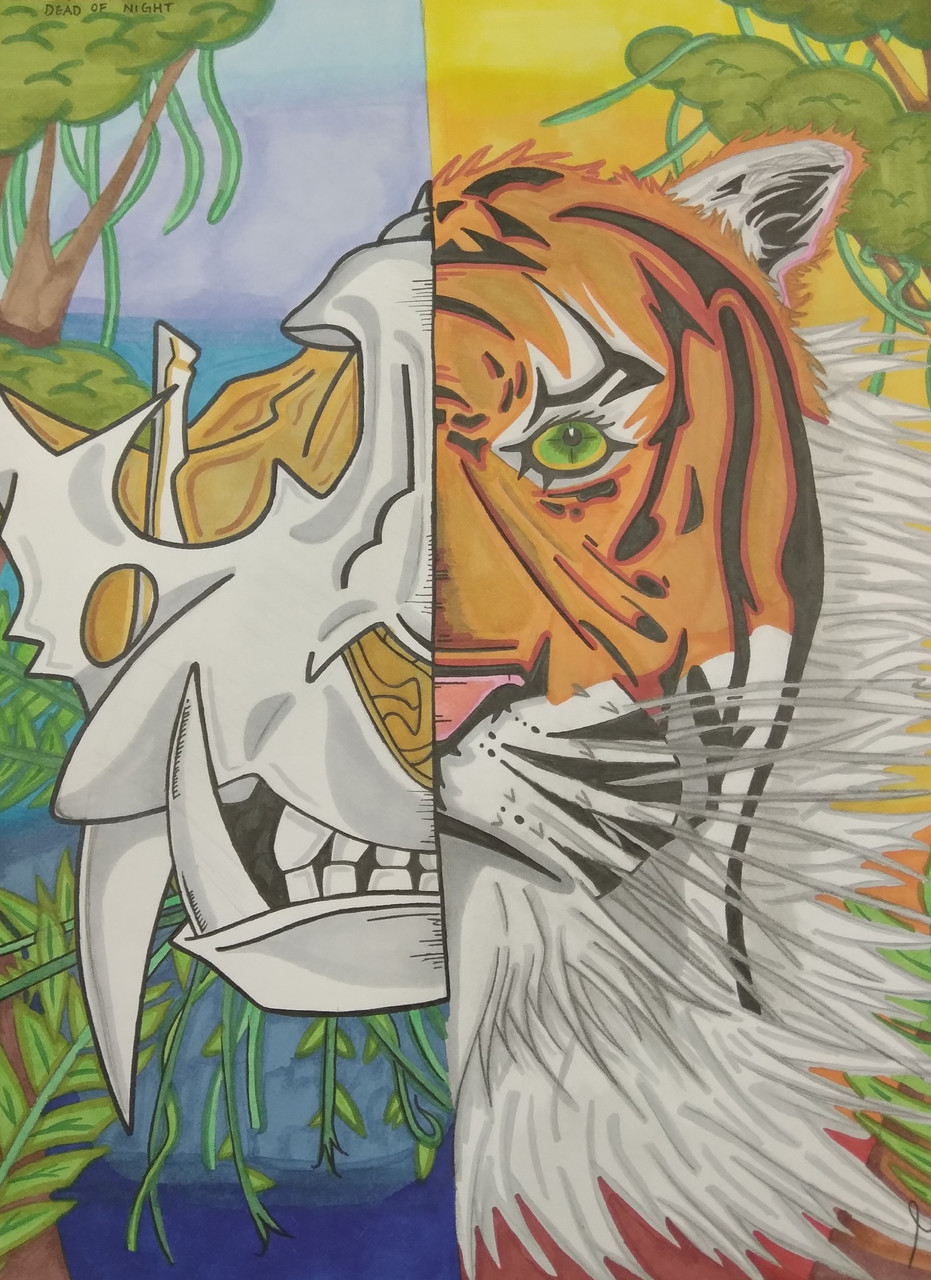 A drawing of a tiger on the right side and a tiger skull on the left side. The drawing has a split center with two different backgrounds.