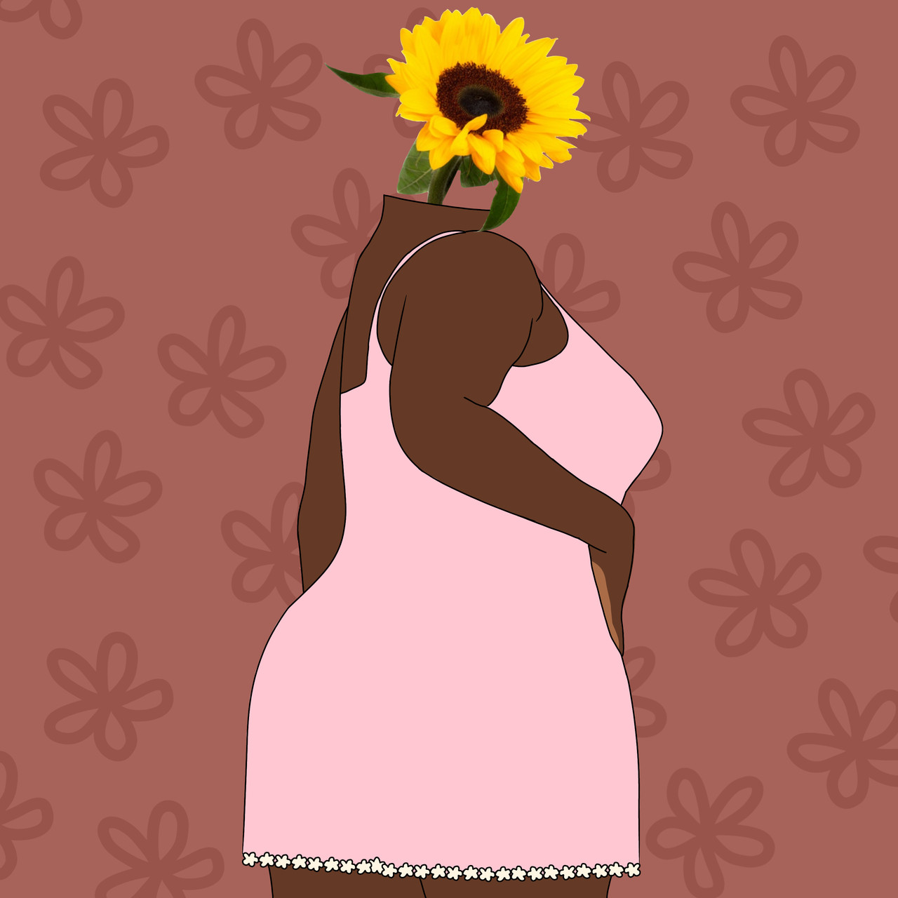 A woman in a pink dress with a sunflower for a face.