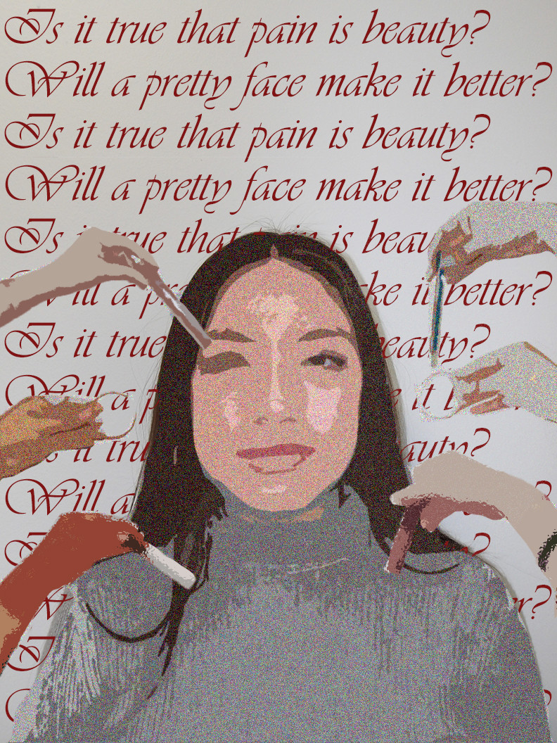 A digital collage of a girl in a gray top. There are 6 hands around her applying her make up.