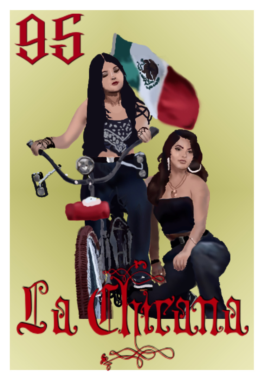 A digital painting showing two women with a bike and a Mexican flag. The words on the piece read 95 La Chicana.
