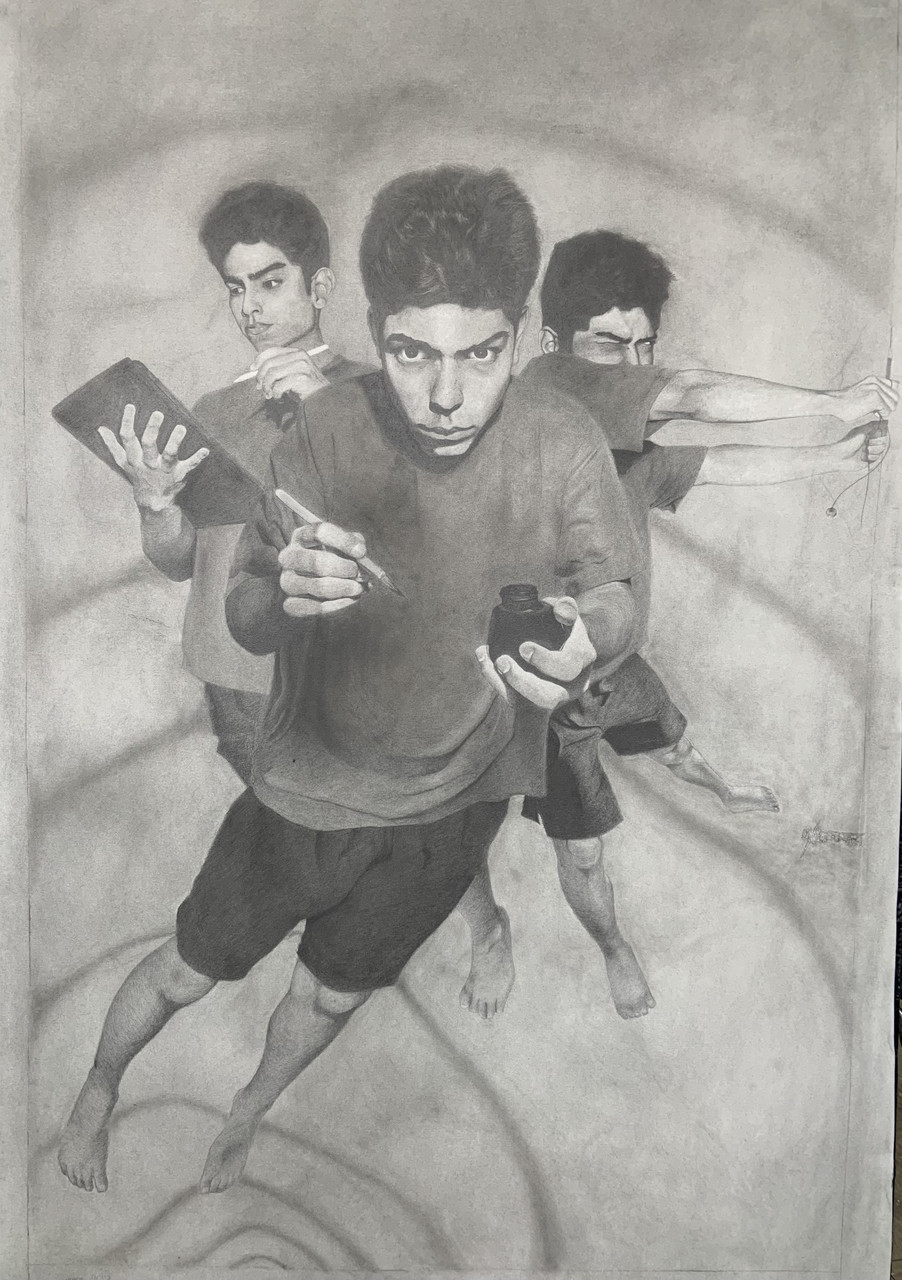 A person drawn 3 times. One is facing forward holding an art tool. Another one is facing the right side holding an Ipad and stylus. The last one is facing the right side holding another art tool.