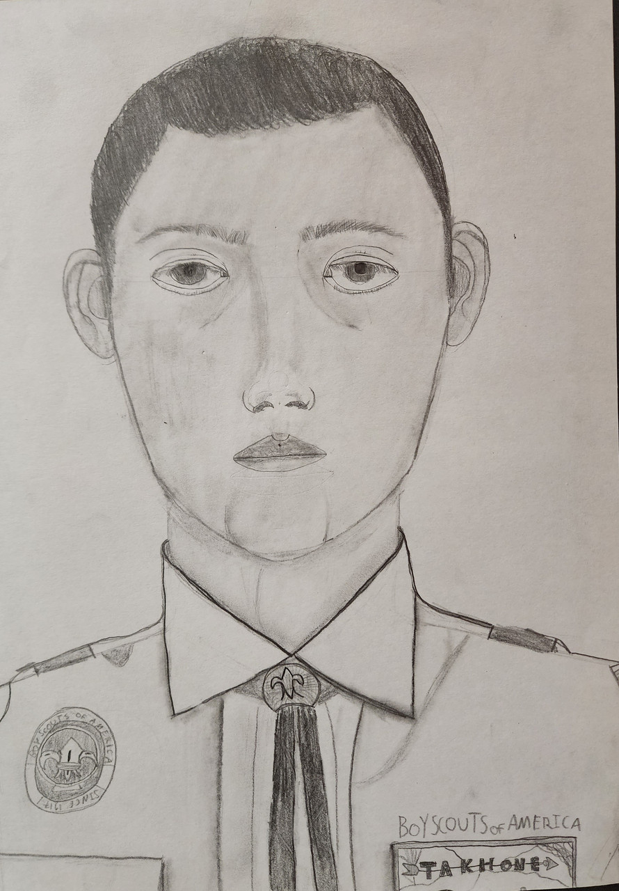 A self-portrait graphite drawing of a person with short hair wearing a boys scout uniform.