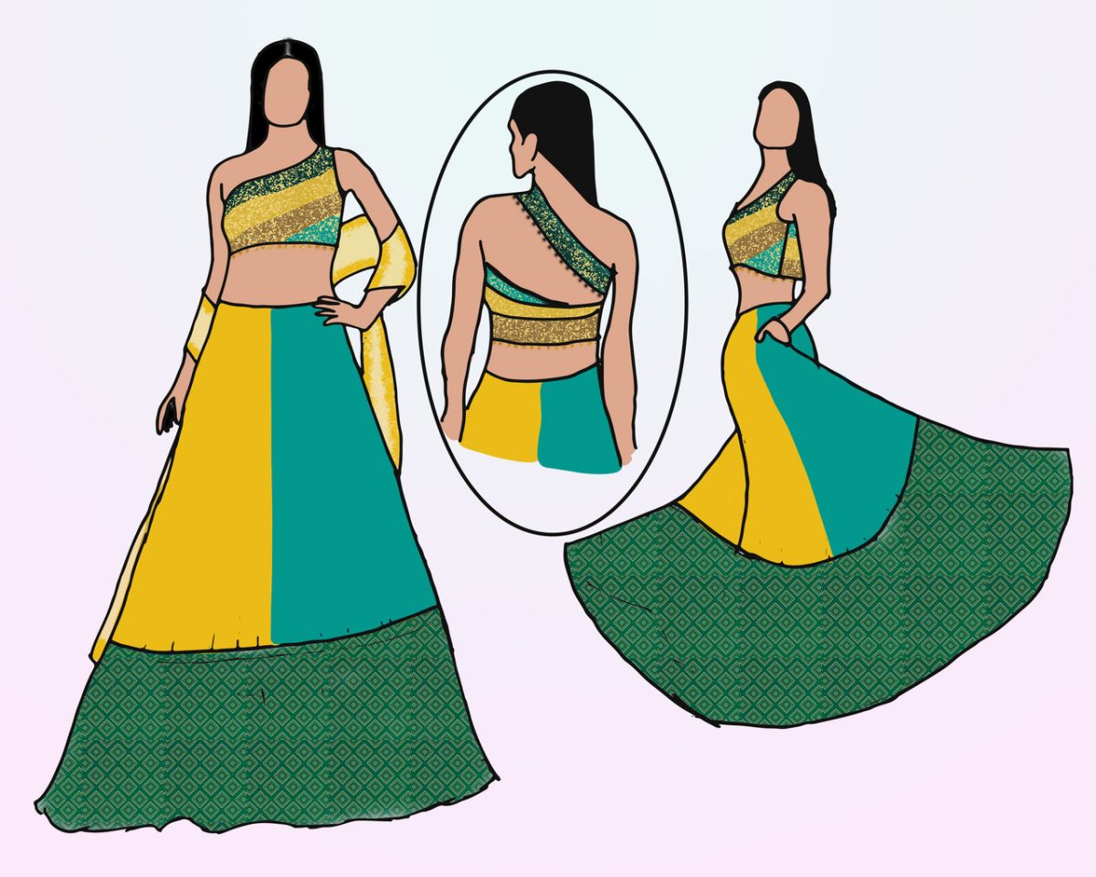 Drawings of the front and back of a dress.