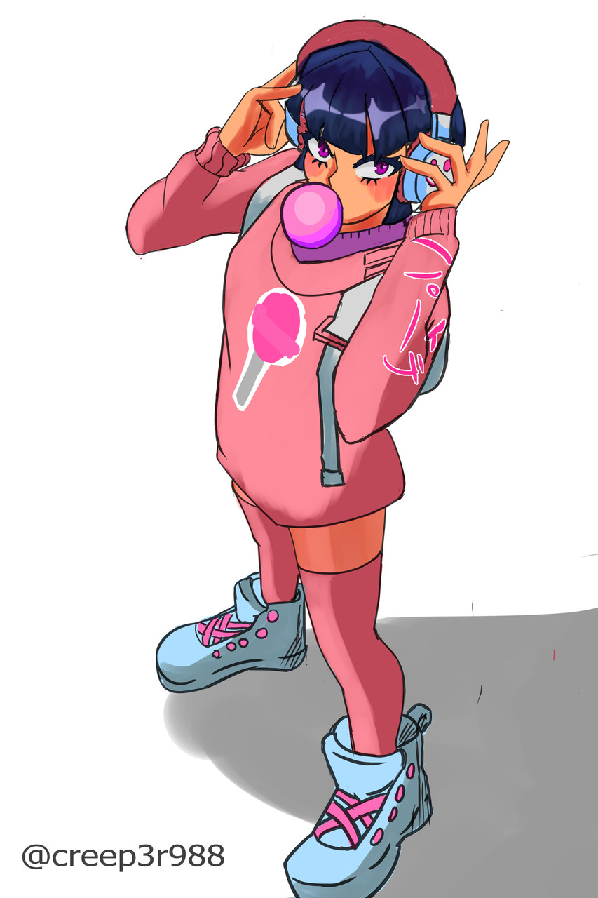 A digital artpiece of a person wearing a pink hoodie blowing a bubble with headphones on. The person is looking up at the viewer. There is a white background with a shadow of the person.