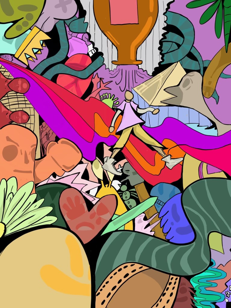A colorful digital illustration with organic shapes and patterns. In the center of the piece is a person walking with a lavender top and yellow pants.