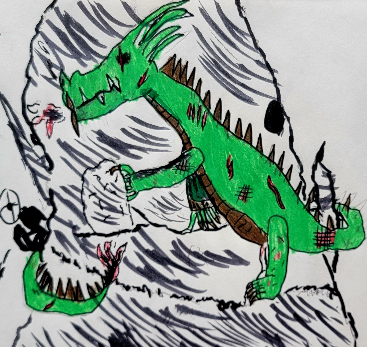 Drawing of a green dragon standing on the mountain. Its tail wraps around the whole mountain as it breathes out a bit of red fire.