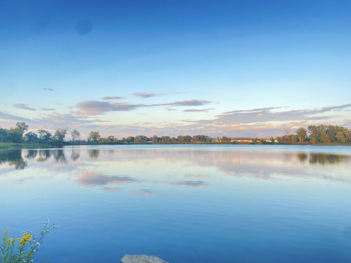 A photo of a lake with a blue sky and clouds reflecting on it.