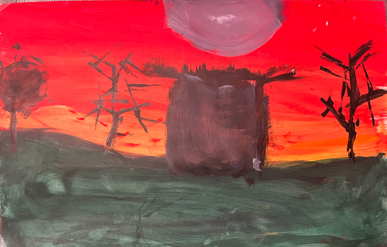 Painting of a hut/ house standing on grey/ green ground. Background is a bright red sunset.