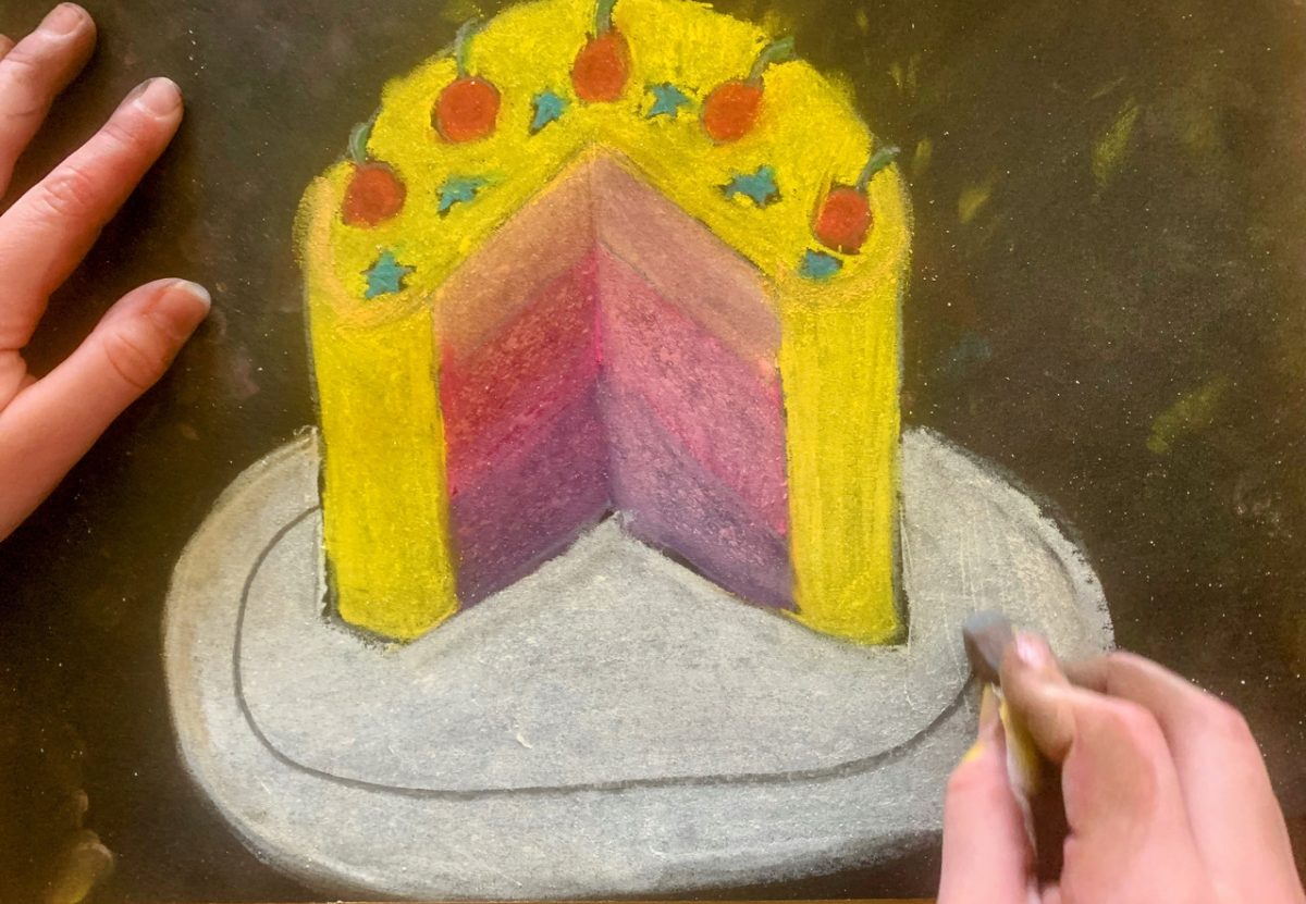 Chalk pastel drawing of a yellow cake on a platter. A piece of the cake is cut out to expose the purple and pink cake layers.