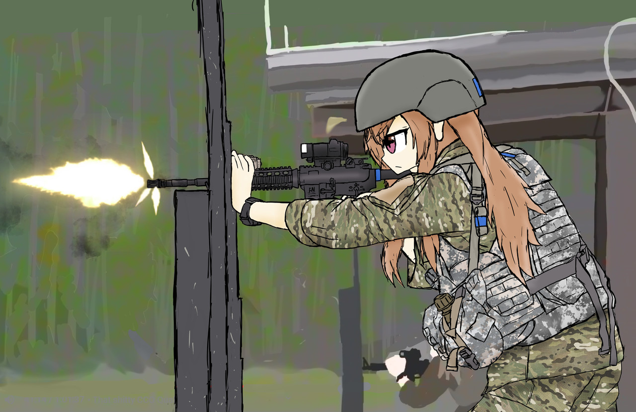 A digital drawing of a person wearing camouflage and a hard hat shooting a gun into the distance.