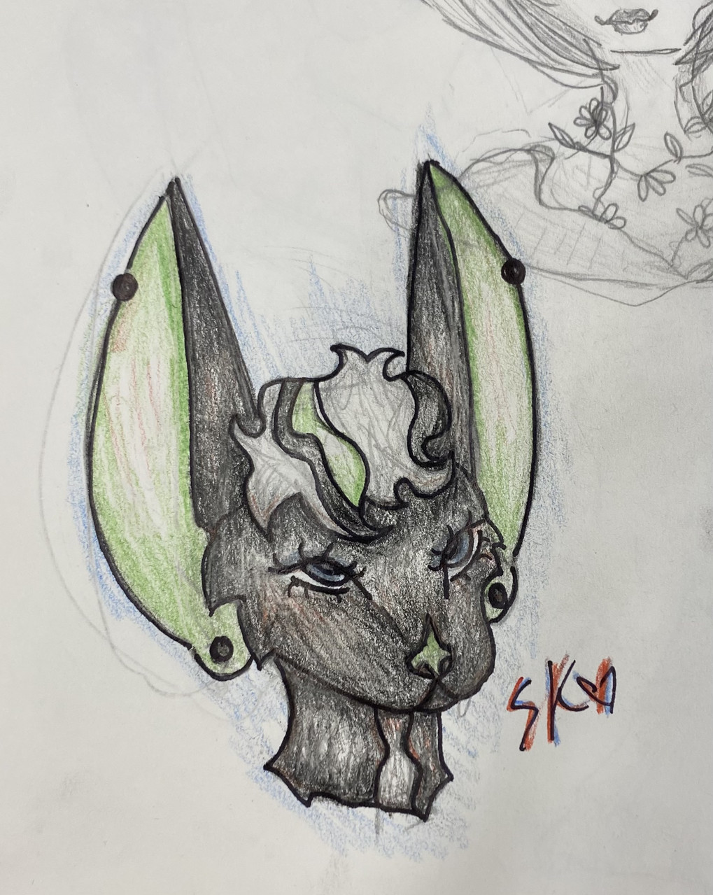 Drawing of a happy looking bat with blue eyes and long, green eyes.