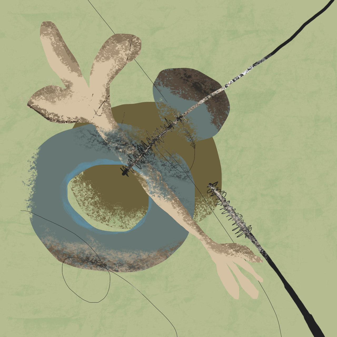 Digital image on a green background. Abstract shapes meet in the center including a blue washer shape and a bone like figure.