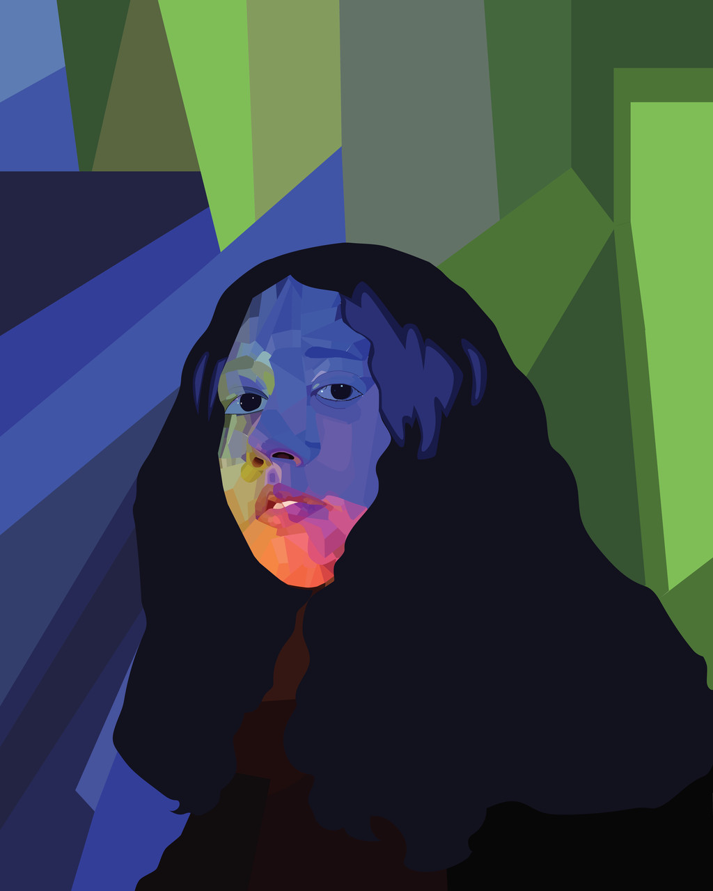 A digital portrait of a person in long hair. They are looking back at the viewer. The background is a geometric blue and green pattern.