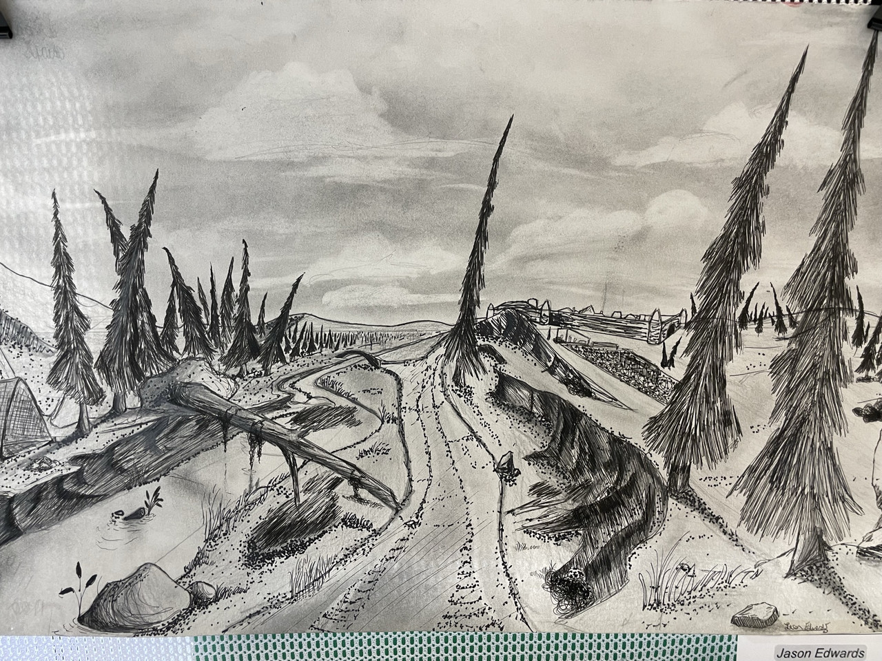 A drawing of a deserted road with trees and land forms on both sides of the road.
