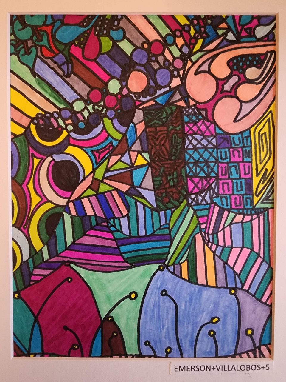 Colorful drawing with many sections of likes creating a colorful pattern.
