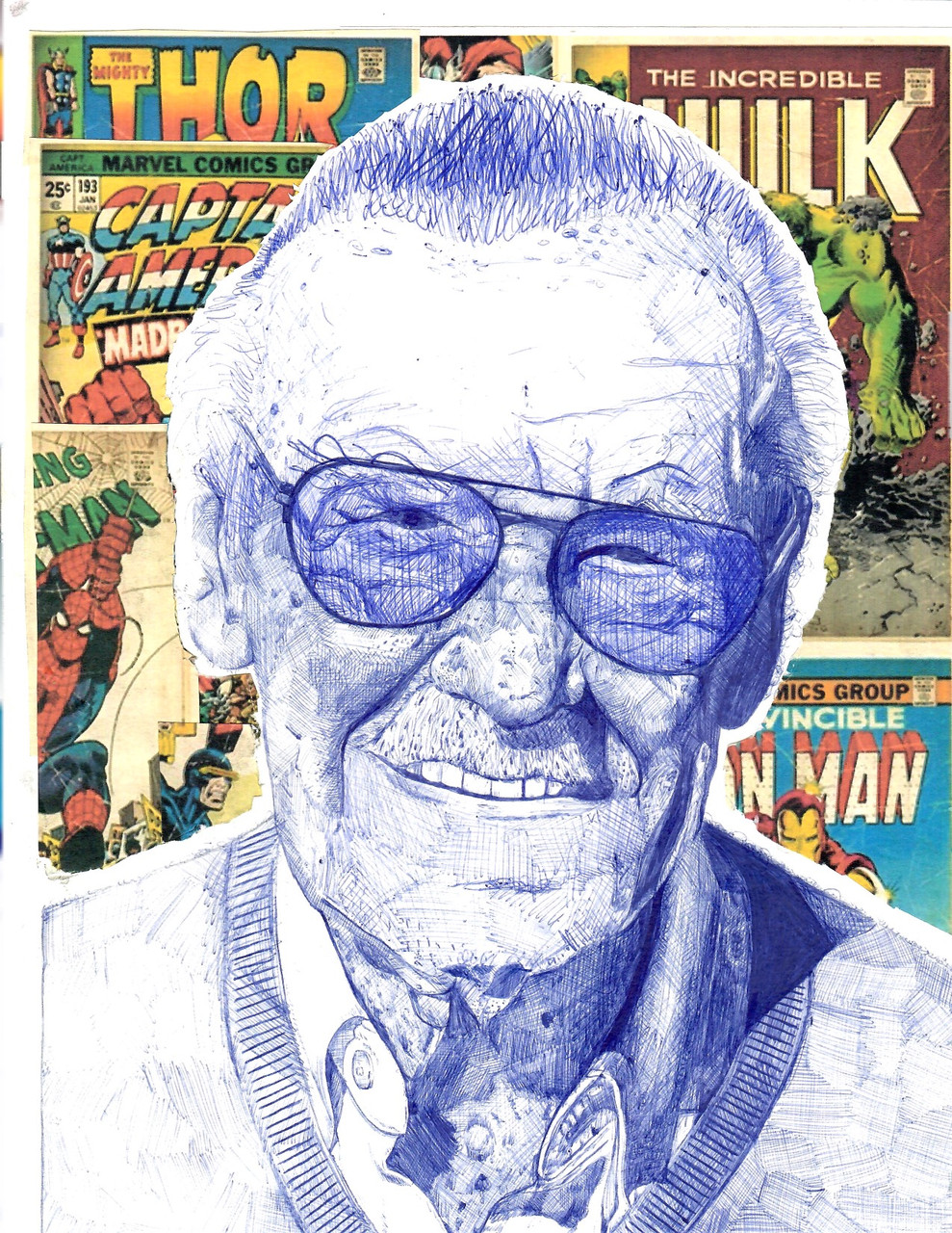A drawing of Stan Lee with Marvel comic books behind him.