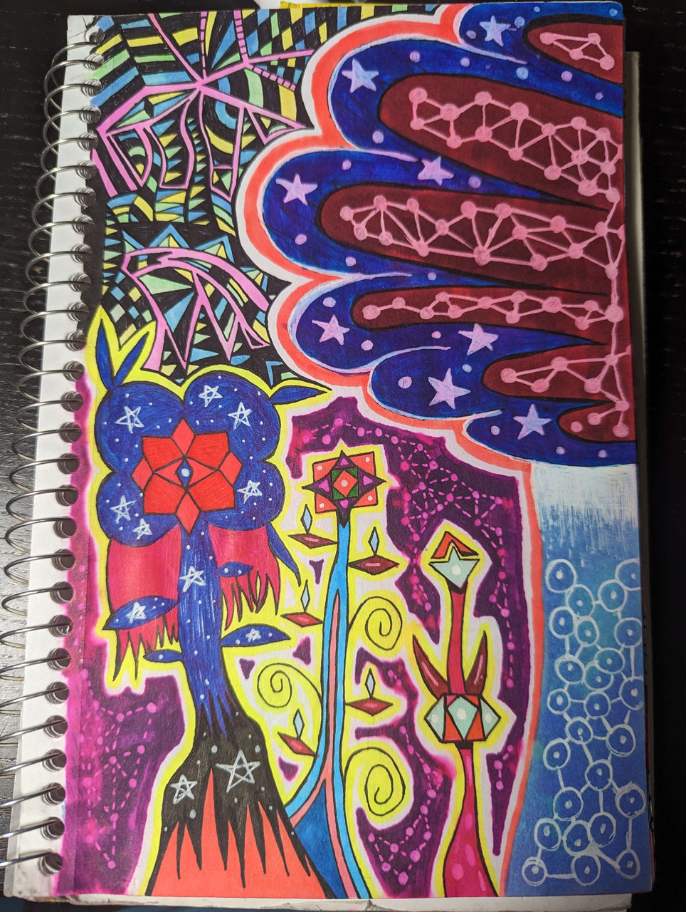 Bright flowers and a hand with constellations.