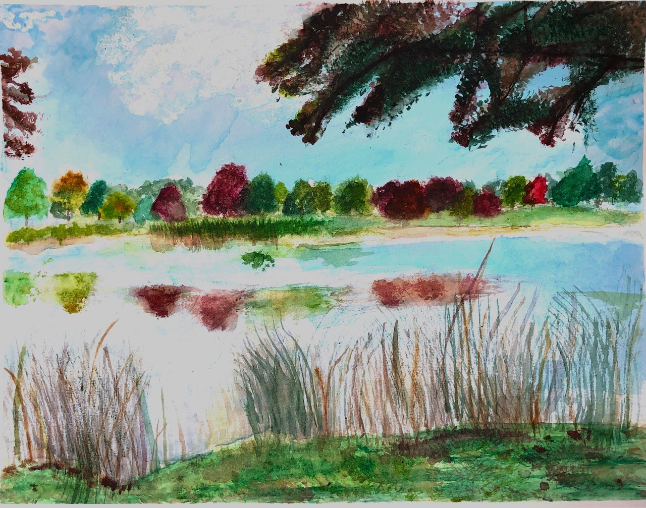 A painting of a lake with weeds