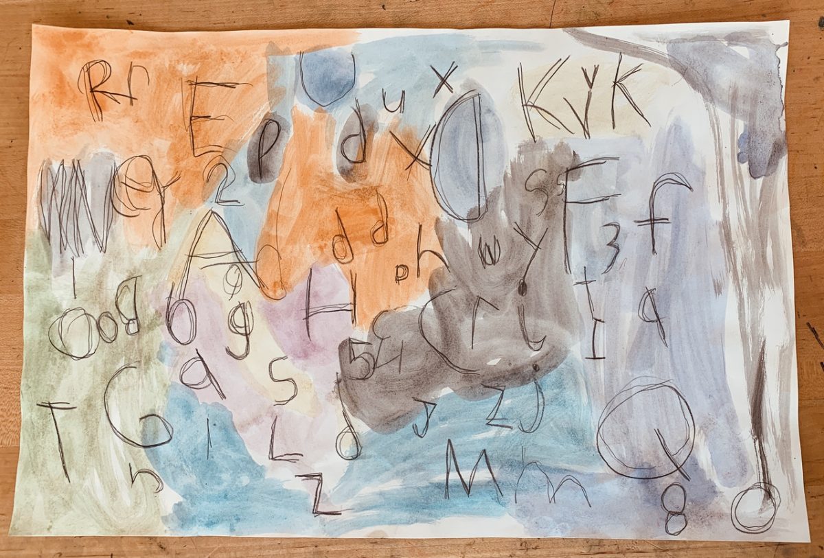 Letters and numbers are written over an orange, grey, and blue painted background.