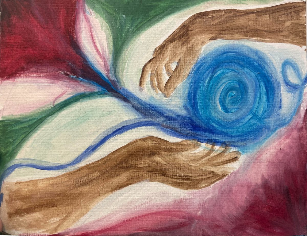 Two hands from the left and right side of the art piece are reaching out towards each other. In the center of the two hands is a blue circle that leads into a colorful panted background.