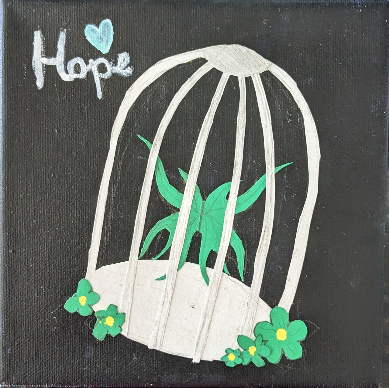 A green butterfly in is a white bird cage over a black canvas. The bottom of the cage is decorated with green flowers. The upper left corner of the canvas says "Hope."