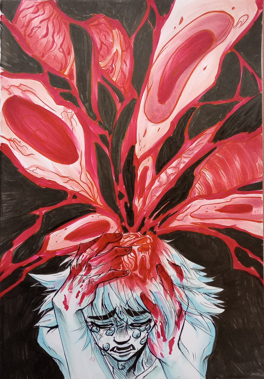 A drawing of a top-down view of a person crying. On their head is a red pattern that spills onto the persons hands.