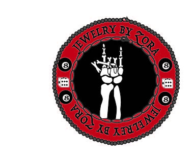 A red, white and black circular logo with Jewelry by Zora written on the outside rim of the circle. The inside of the circle has a skeletal wrist and fingers.