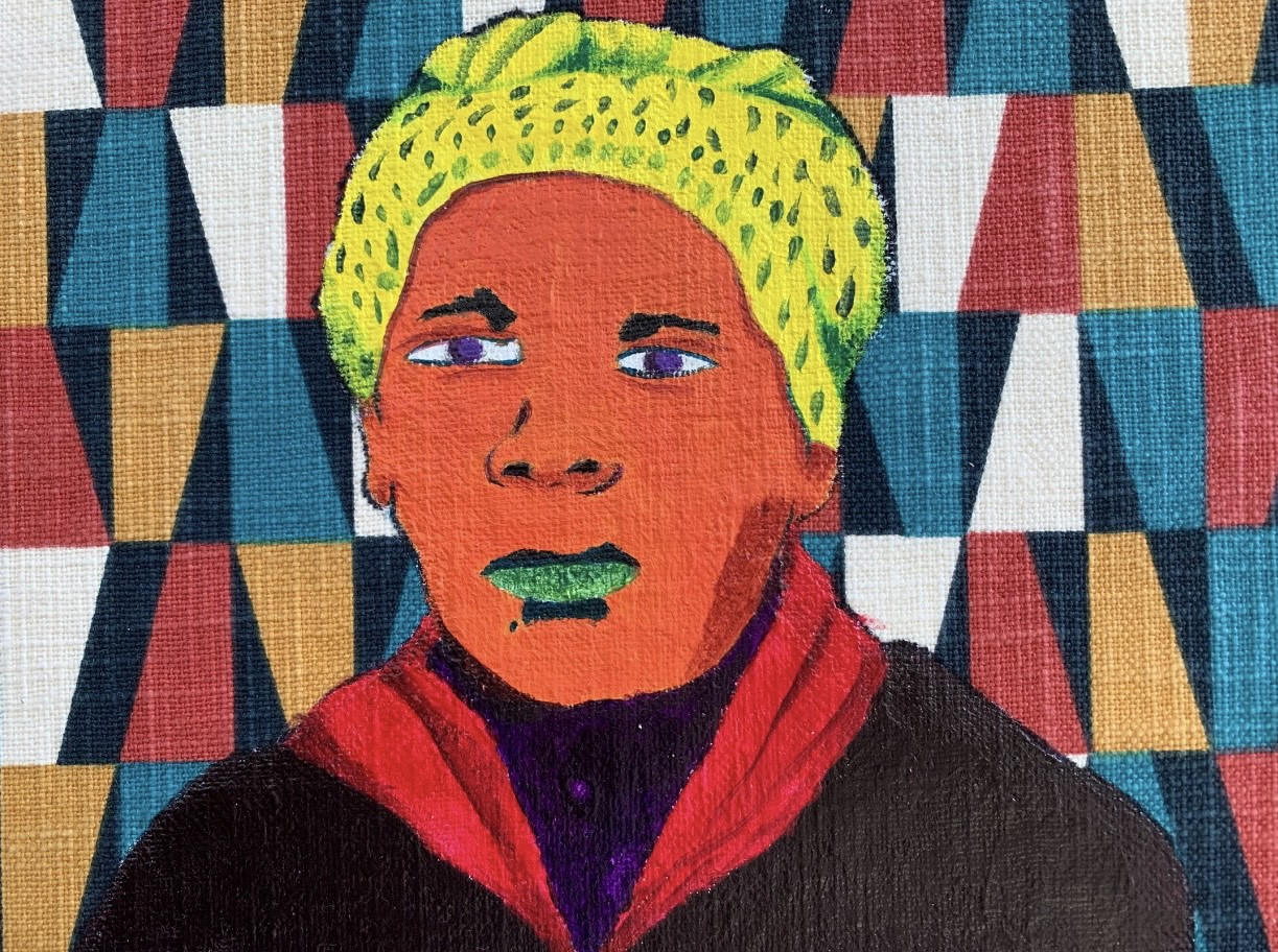A mixed media portrait of Harriet Tubman. Behind her is a geometric pattern.