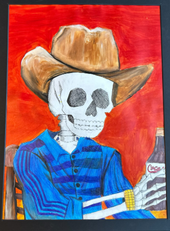 A skeleton dressed in a cowboy hat and blue shirt is painted holding a coke bottle.