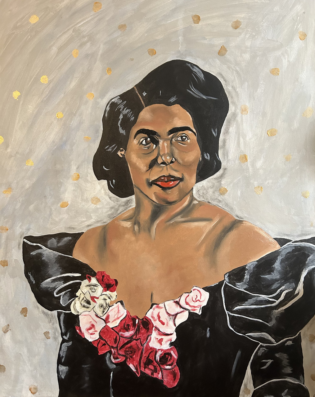 A painting of late great opera/jazz singer Marian Anderson. She is wearing a black dress with pink and red flowers. She is looking off to the distance.
