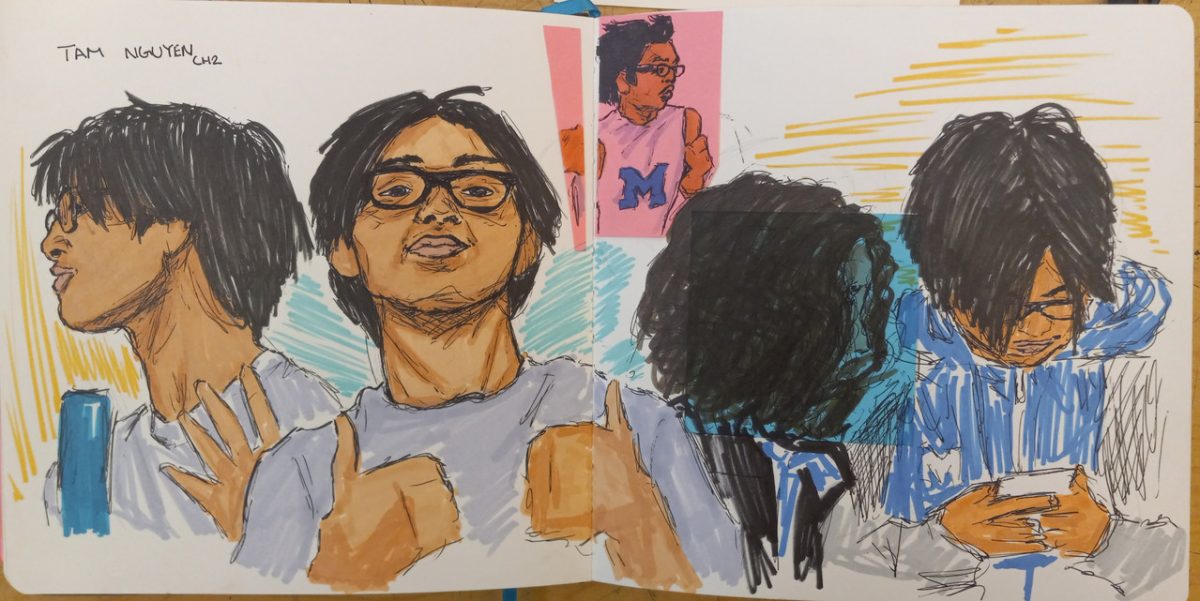A student gives two thumbs up. To his left, a student looks to the left. To his right, two students look down to the right.