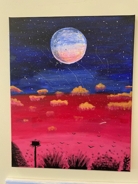 An acrylic painting of a moon over a blue and red night sky. There are tree silhouettes at the bottom of the piece.