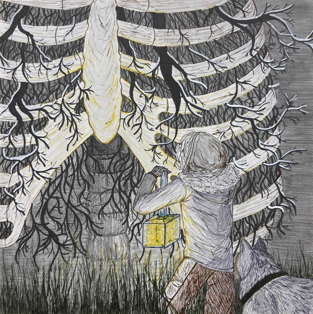 A drawing of a person walking towards a giant pair of ribs. There is a dog walking with the person.
