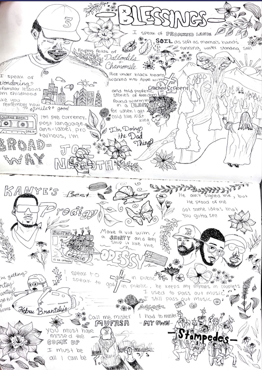 A pen and ink drawing tribute to chance the rapper. Chance the rapper is draw on the top left with a tape cassette, Kanye west and Mufasa below. The drawing has surrounded by words written down.