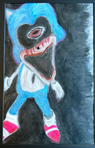 A demented drawing of sonic experiencing fear on a black background.