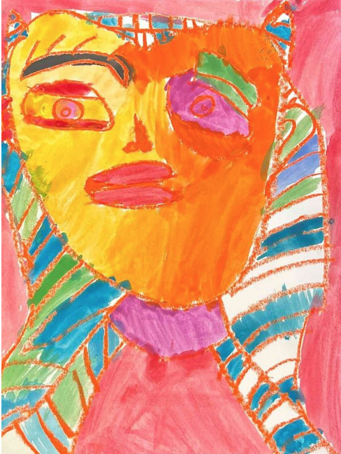 Picasso style painting of a star wars character. The ace of the figure is ombre orange, the neck and background are pink, and the character's hair is is blue and green striped.