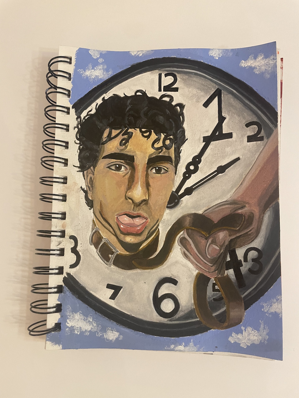 A person on a clock with a leash around their neck being pulled out by a hand